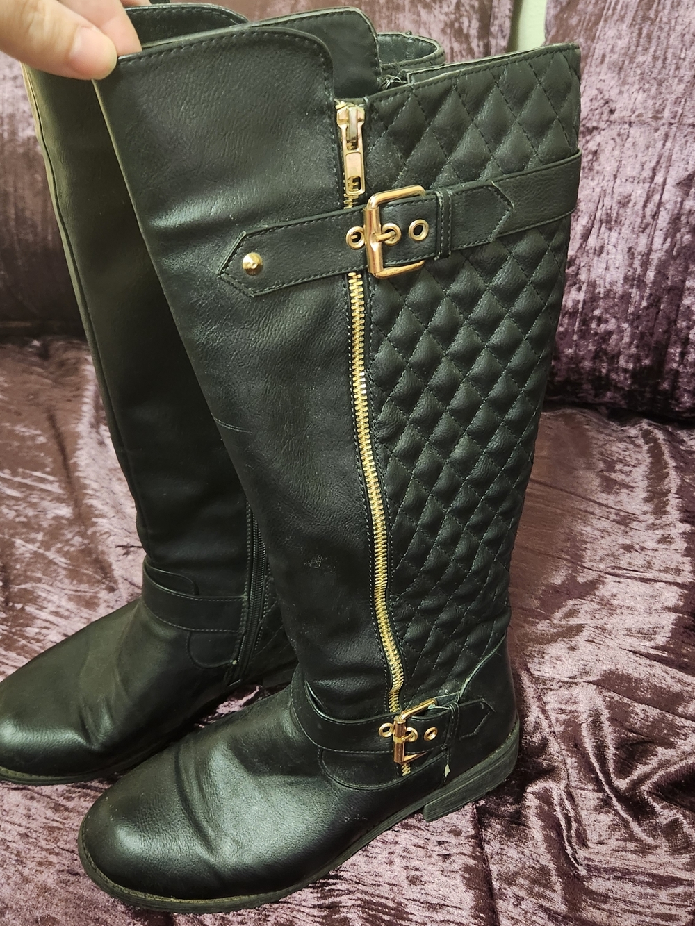 TOP Moda Black Quilted Boots with Gold Hardware